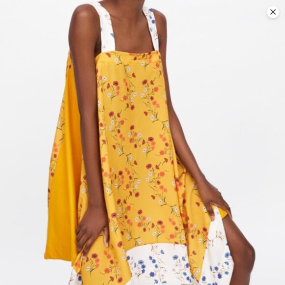 ZARA Floral Pattern Midi Trapezoid Scarf Dress, Yellow/White, Size S - Picture 5 of 11